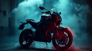 Мотоцикл, дым и туман, супер спортивный черный мотоцикл, скорость!