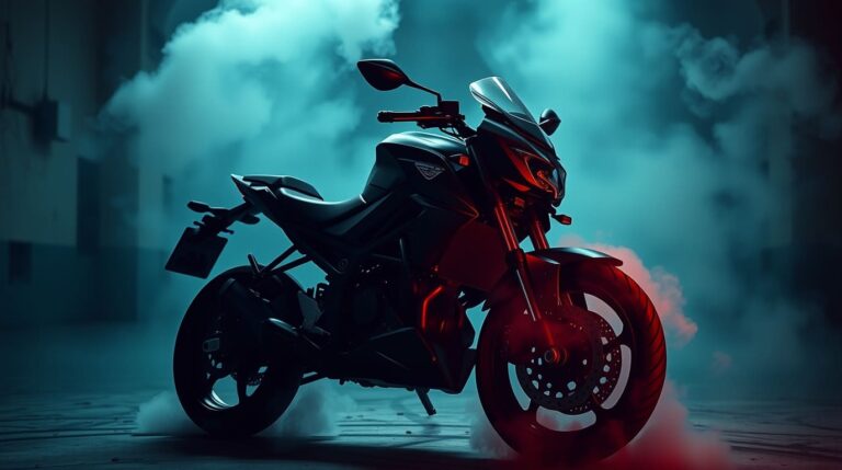 Мотоцикл, дым и туман, супер спортивный черный мотоцикл, скорость!