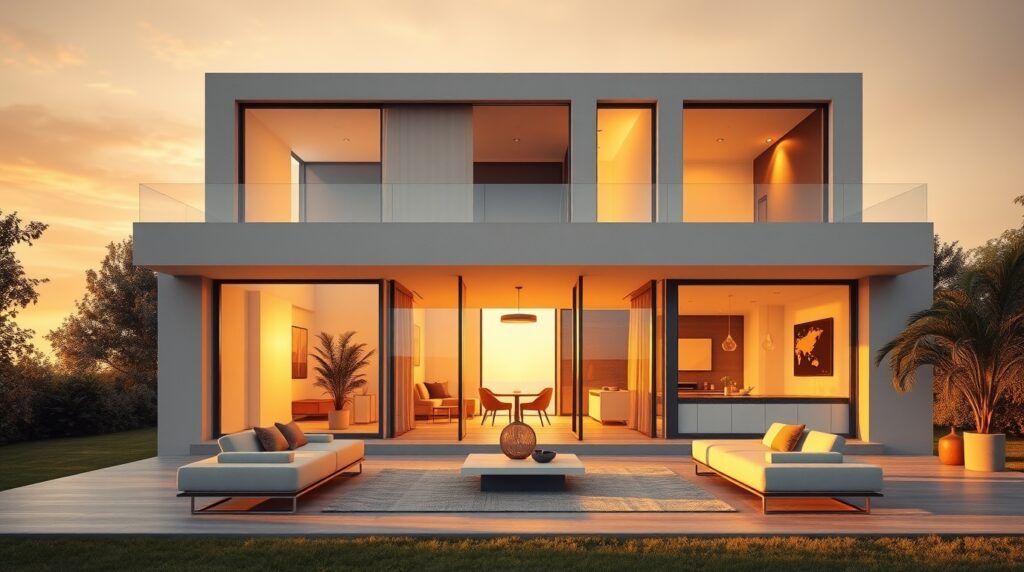 Двухэтажный современный дом серого цвета с панорамными окнами в вечернем свете: открытая терраса с белыми диванами, вид на закат, интерьер с тёплым освещением, пальмы по бокам, архитектурная 3D-визуализация премиум-класса, Aifoto.ru
