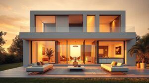 Двухэтажный современный дом серого цвета с панорамными окнами в вечернем свете: открытая терраса с белыми диванами, вид на закат, интерьер с тёплым освещением, пальмы по бокам, архитектурная 3D-визуализация премиум-класса, Aifoto.ru